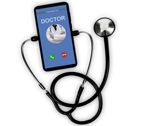 A smartphone displaying an incoming call from a doctor, entwined with a stethoscope.