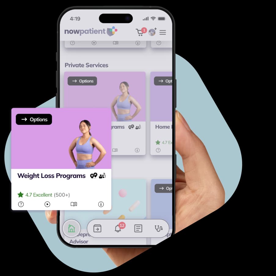 A hand holding a smartphone showing the NowPatient’s app screen, with a Weight Loss Programs card rated 4.7 Excellent by 500+ users.