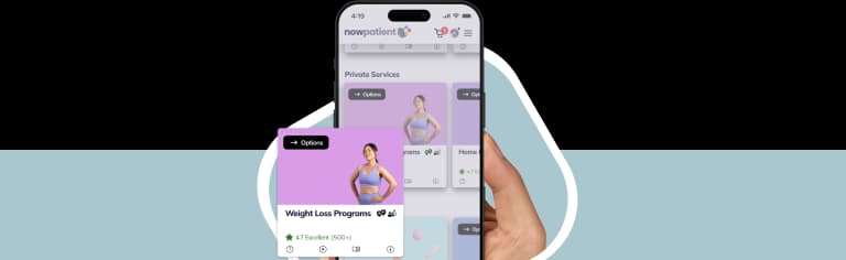 A hand holding a smartphone showing the NowPatient’s app screen, with a Weight Loss Programs card rated 4.7 Excellent by 500+ users.
