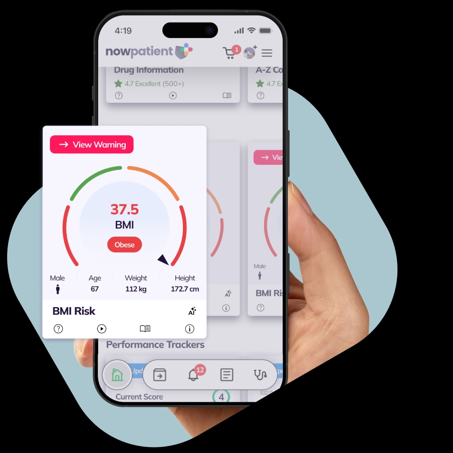 A hand holding a smartphone showing the NowPatient’s app screen, with a BMI Risk card rated 4.7 Excellent by 500+ users.