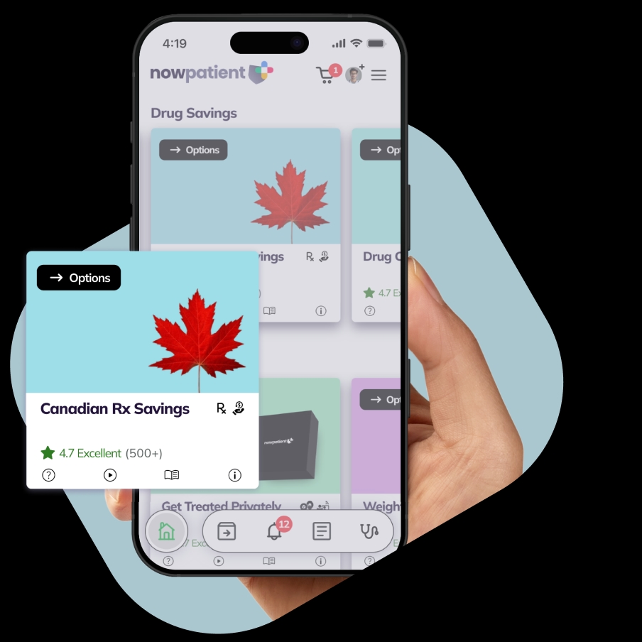 A hand holding a smartphone showing the NowPatient’s app screen, with a Canadian Rx Savings card rated 4.7 Excellent by 500+ users.