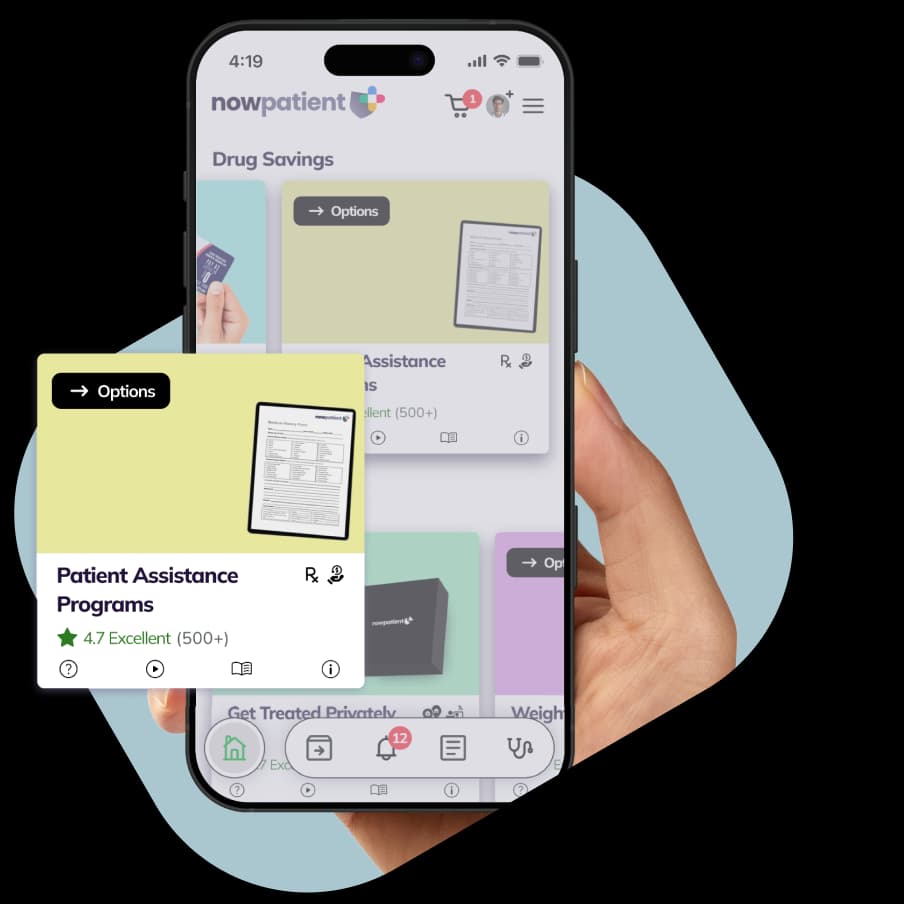 A hand holding a smartphone showing the NowPatient’s app screen, with a Patient Assistance Programs card rated 4.7 Excellent by 500+ users.