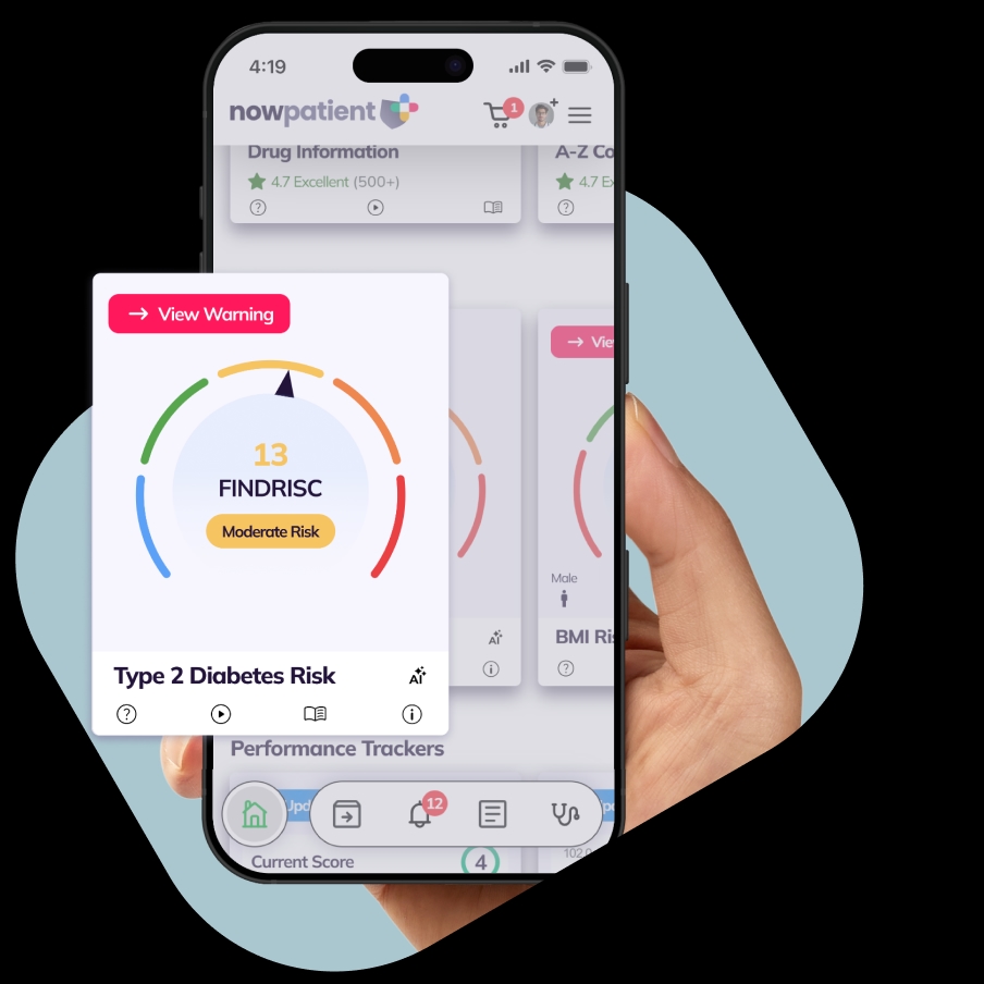 A hand holding a smartphone showing the NowPatient’s app screen, with a Type 2 Diabetes Risk card rated 4.7 Excellent by 500+ users.