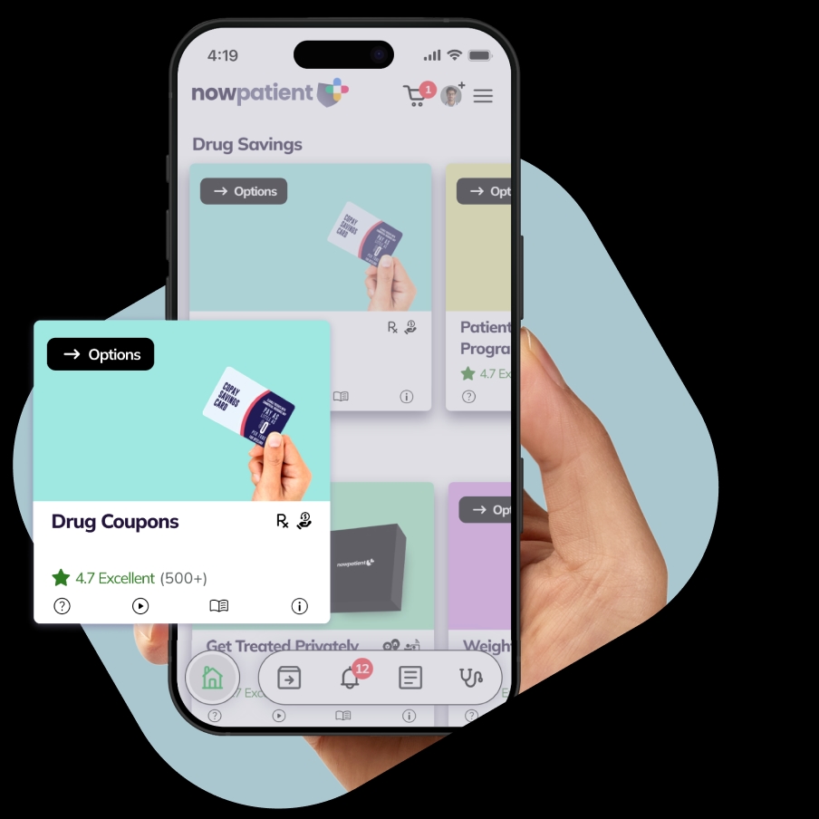 A hand holding a smartphone showing the NowPatient’s app screen, with a Drug Coupons card rated 4.7 Excellent by 500+ users.