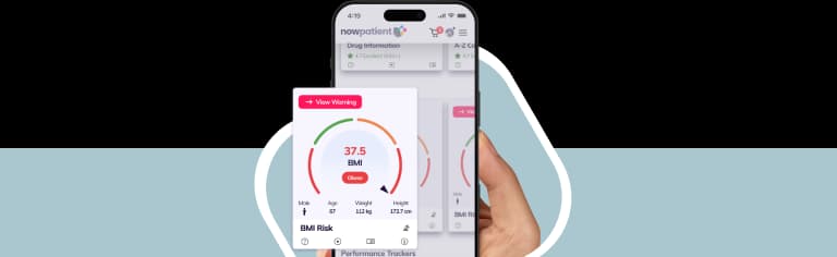 A hand holding a smartphone showing the NowPatient’s app screen, with a BMI Risk card rated 4.7 Excellent by 500+ users.
