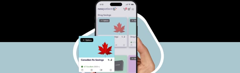 A hand holding a smartphone showing the NowPatient’s app screen, with a Canadian Rx Savings card rated 4.7 Excellent by 500+ users.