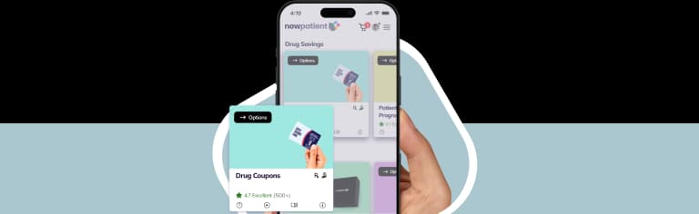 A hand holding a smartphone showing the NowPatient’s app screen, with a Drug Coupons card rated 4.7 Excellent by 500+ users.