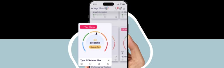 A hand holding a smartphone showing the NowPatient’s app screen, with a Type 2 Diabetes Risk card rated 4.7 Excellent by 500+ users.