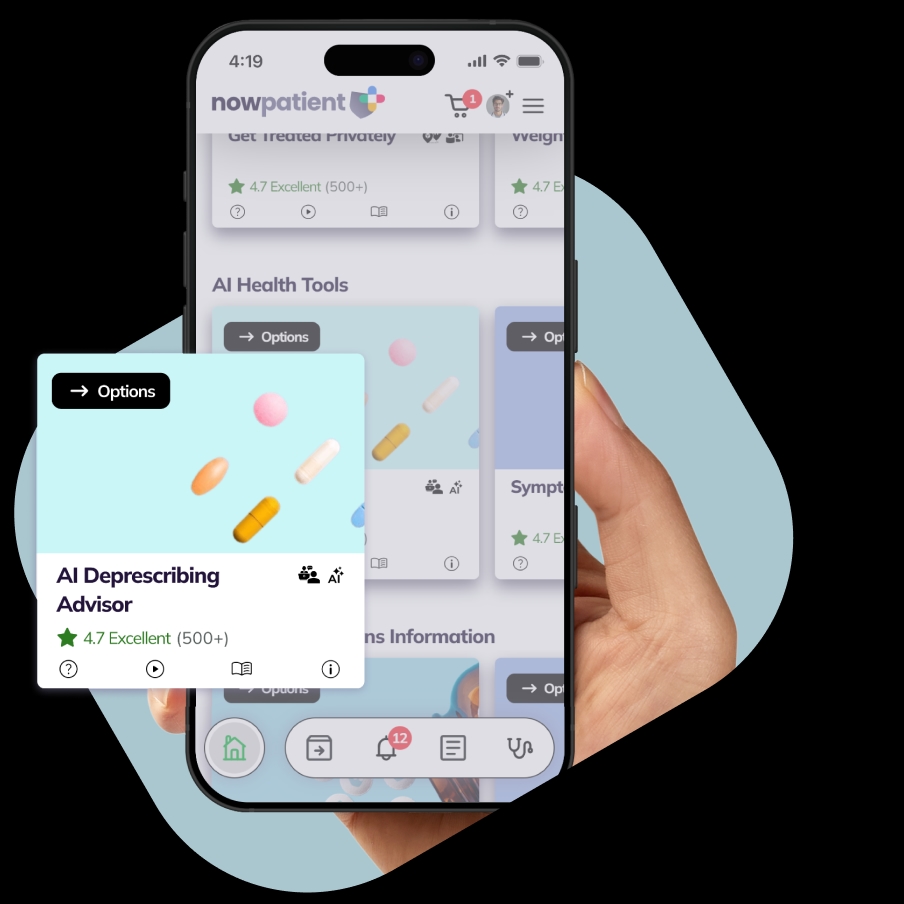 A hand holding a smartphone showing the NowPatient’s app screen, with a AI Deprescribing Advisor card rated 4.7 Excellent by 500+ users.