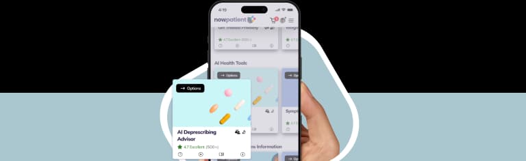 A hand holding a smartphone showing the NowPatient’s app screen, with a AI Deprescribing Advisor card rated 4.7 Excellent by 500+ users.