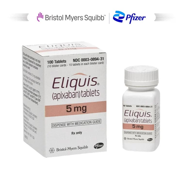 Image showing a pack of 100 tablets of Eliquis 5mg