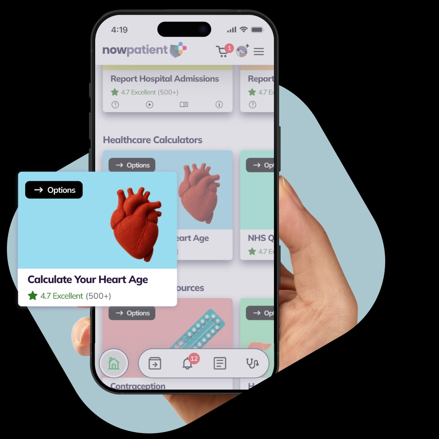 A hand holding a smartphone showing the NowPatient’s app screen, with a Healthcare Calculators card rated 4.7 Excellent by 500+ users.
