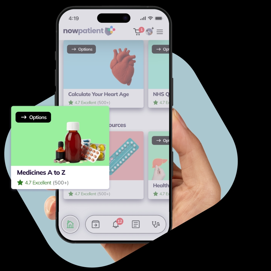 A hand holding a smartphone showing the NowPatient’s app screen, with a Other Useful Resources card rated 4.7 Excellent by 500+ users.