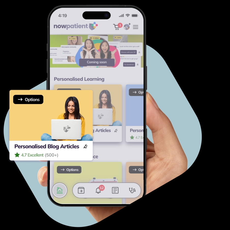 A hand holding a smartphone showing the NowPatient’s app screen, with a Personalized Learning card rated 4.7 Excellent by 500+ users.