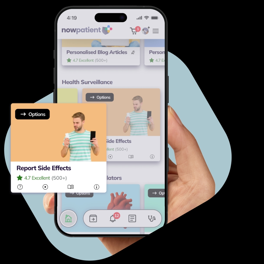 A hand holding a smartphone showing the NowPatient’s app screen, with a Report Side Effects card rated 4.7 Excellent by 500+ users.