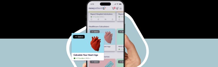 A hand holding a smartphone showing the NowPatient’s app screen, with a Healthcare Calculators card rated 4.7 Excellent by 500+ users.