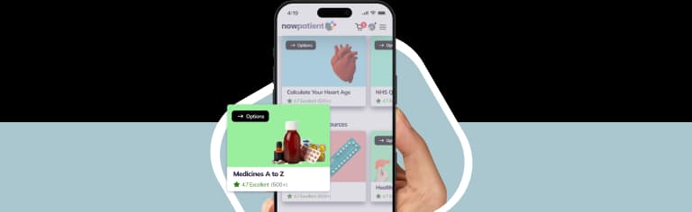 A hand holding a smartphone showing the NowPatient’s app screen, with a Other Useful Resources card rated 4.7 Excellent by 500+ users.