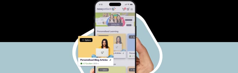 A hand holding a smartphone showing the NowPatient’s app screen, with a Personalized Learning card rated 4.7 Excellent by 500+ users.