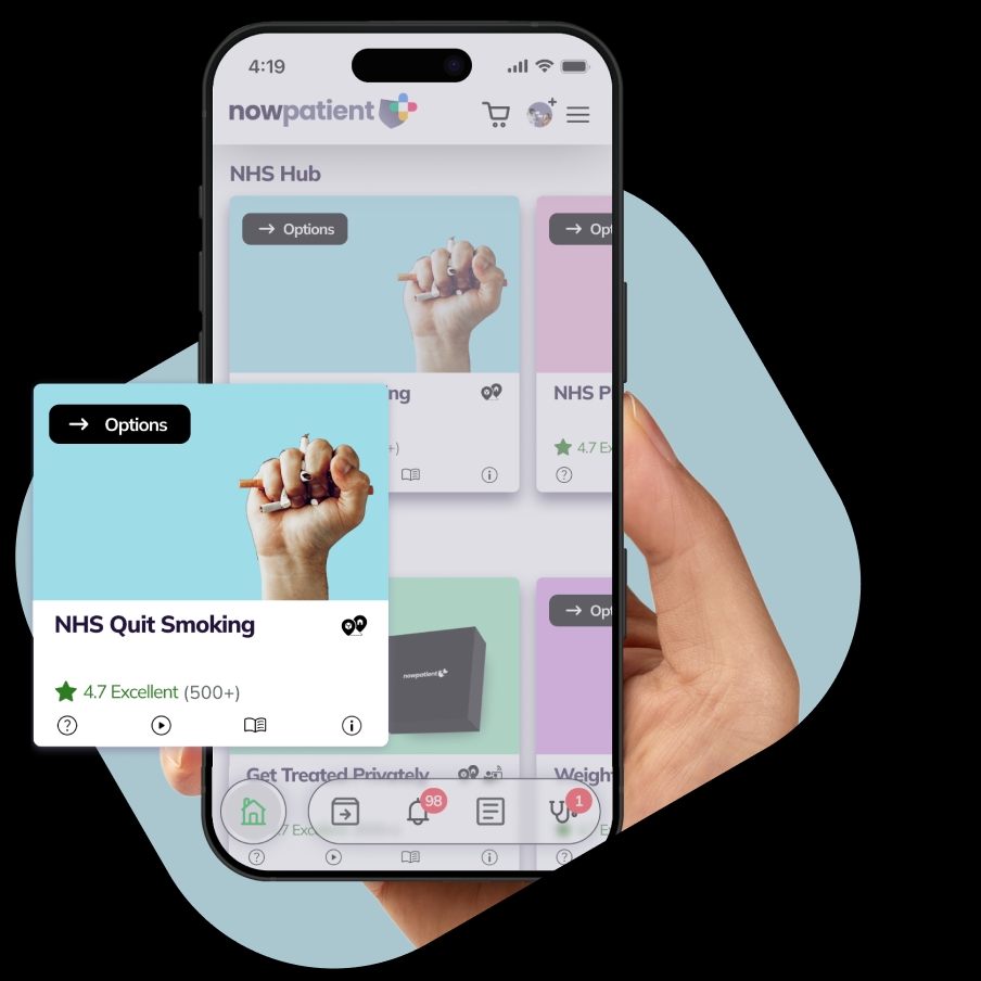 A hand holding a smartphone showing the NowPatient’s app screen, with a NHS Quit Smoking card rated 4.7 Excellent by 500+ users.