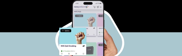 A hand holding a smartphone showing the NowPatient’s app screen, with a NHS Quit Smoking card rated 4.7 Excellent by 500+ users.
