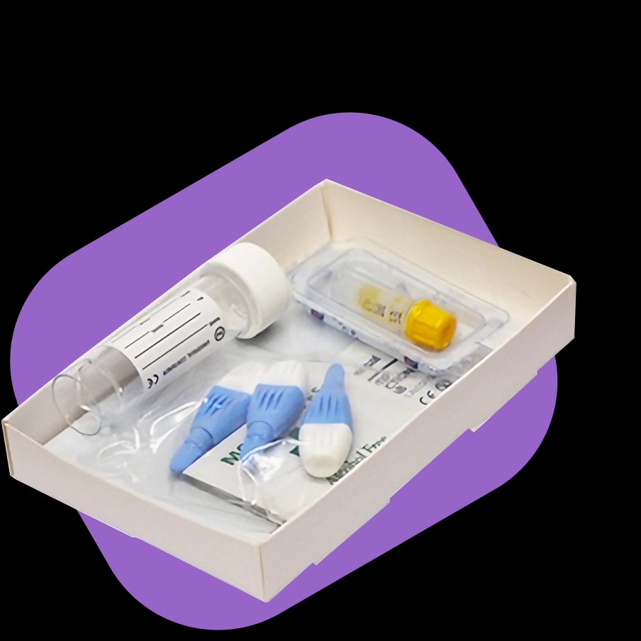 An open at-home health test kit containing sample collection tubes, lancets and blood collection vials, representing NowPatient's biomarker testing service.