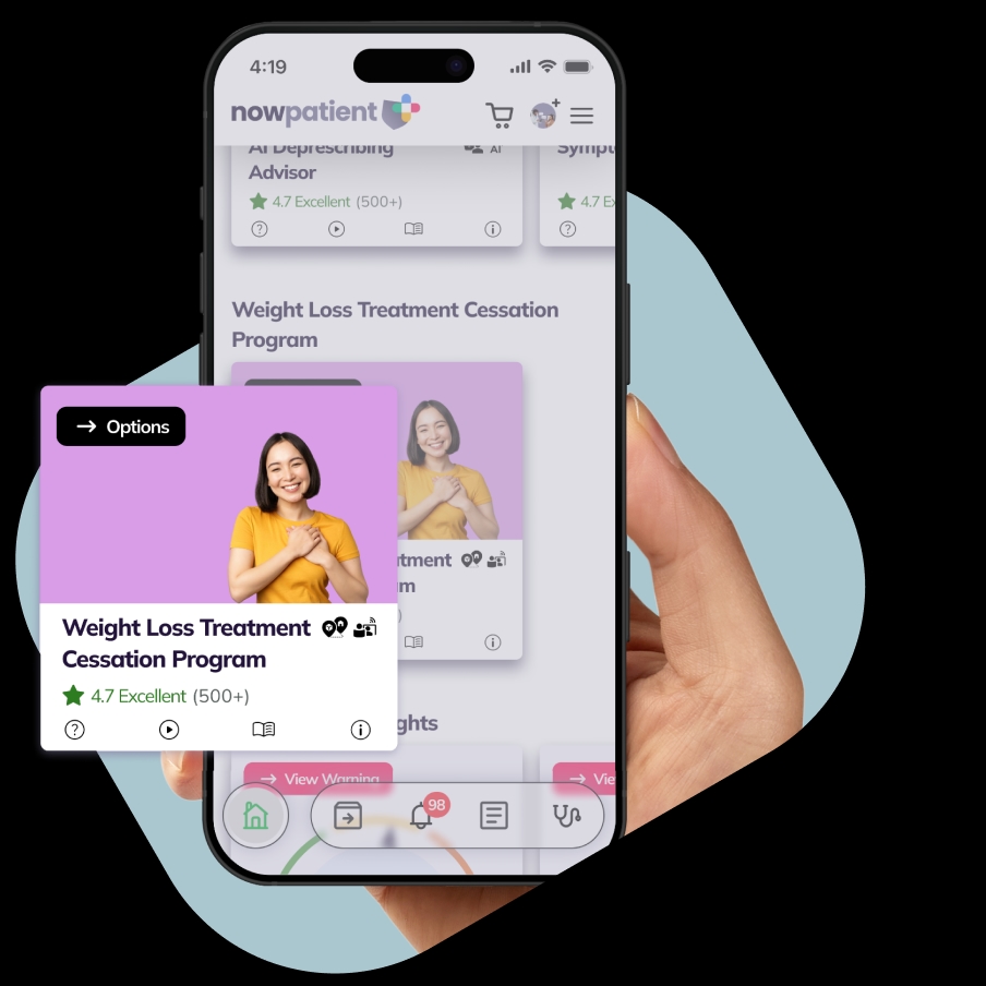 A hand holding a smartphone showing the NowPatient’s app screen, with a Weight Loss Treatment Cessation Program card rated 4.7 Excellent by 500+ users.