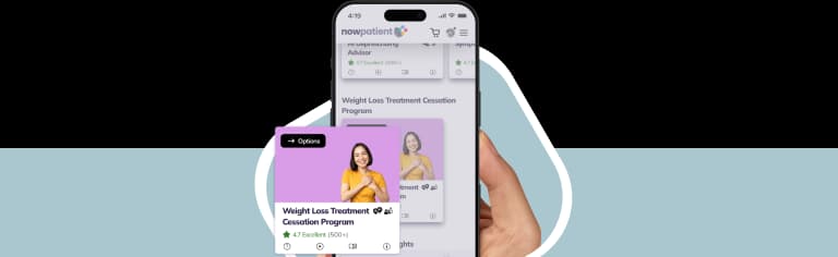 A hand holding a smartphone showing the NowPatient’s app screen, with a Weight Loss Treatment Cessation Program card rated 4.7 Excellent by 500+ users.