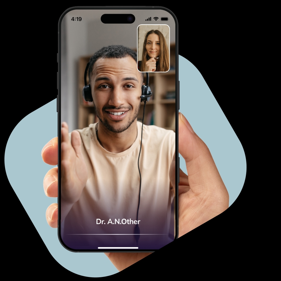 A hand holding a smartphone showing the NowPatient’s app screen, with a Virtual Consultations card rated 4.7 Excellent by 500+ users.