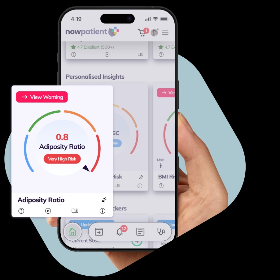 A hand holding a smartphone showing the NowPatient’s app screen, with a Adiposity Ratio card rated 4.7 Excellent by 500+ users.