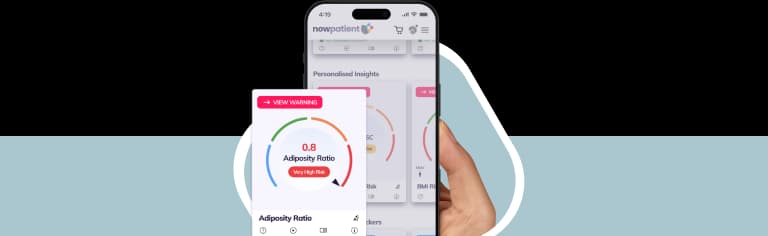 A hand holding a smartphone showing the NowPatient’s app screen, with a Adiposity Ratio card rated 4.7 Excellent by 500+ users.