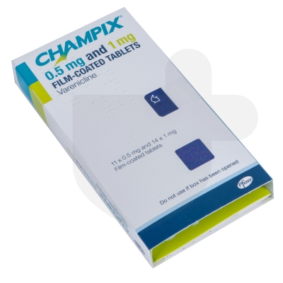 Champix 0.5mg/1mg 2 week treatment initiation pack packaging which is available to order online from NowPatient with free next day delivery