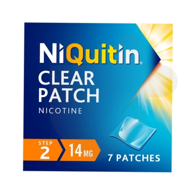 NiQuitin Clear 14mg patches packaging which is available to order online from NowPatient with free next day delivery