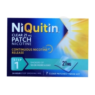 NiQuitin Clear 21mg patches packaging which is available to order online from NowPatient with free next day delivery