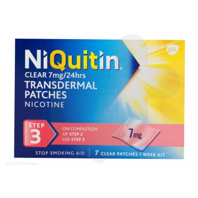 NiQuitin Clear 7mg patches packaging which is available to order online from NowPatient with free next day delivery