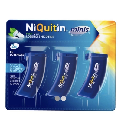 NiQuitin Minis Mint 2mg lozenges packaging which is available to order online from NowPatient with free next day delivery