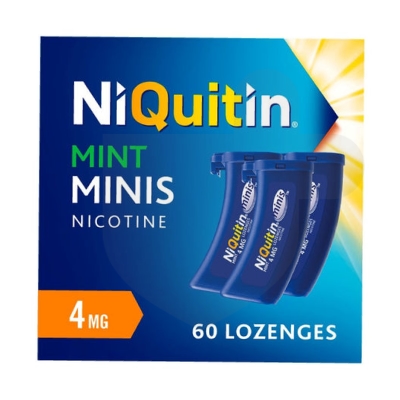 NiQuitin Minis Mint 4mg lozenges packaging which is available to order online from NowPatient with free next day delivery