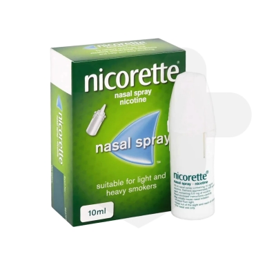 Nicorette 500micrograms/dose nasal spray packaging which is available to order online from NowPatient with free next day delivery