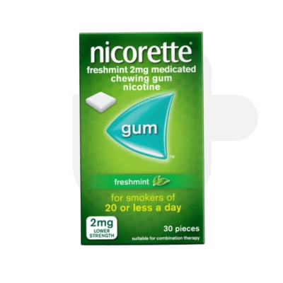 Nicorette Freshmint 2mg medicated chewing gum packaging which is available to order online from NowPatient with free next day delivery