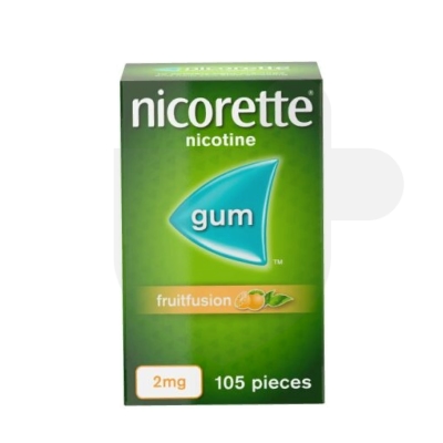 Nicorette Fruitfusion 2mg medicated chewing gum packaging which is available to order online from NowPatient with free next day delivery