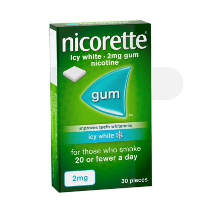 Nicorette Icy White 2mg medicated chewing gum packaging which is available to order online from NowPatient with free next day delivery