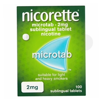 Nicorette Microtab 2mg sublingual tablets packaging which is available to order online from NowPatient with free next day delivery