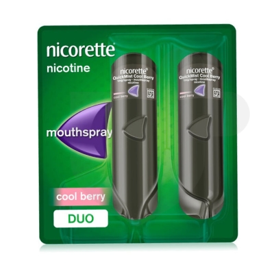 Nicorette QuickMist 1mg/dose mouthspray cool berry packaging which is available to order online from NowPatient with free next day delivery