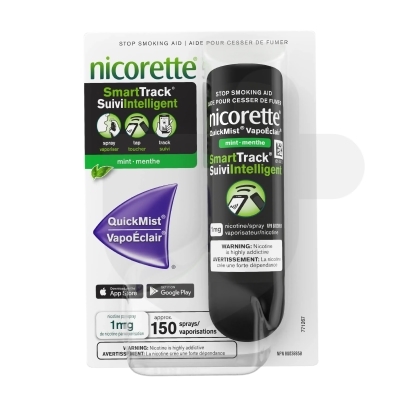 Nicorette QuickMist SmartTrack 1mg/dose mouthspray packaging which is available to order online from NowPatient with free next day delivery