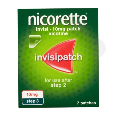 Nicorette invisi 10mg/16hours patches packaging which is available to order online from NowPatient with free next day delivery