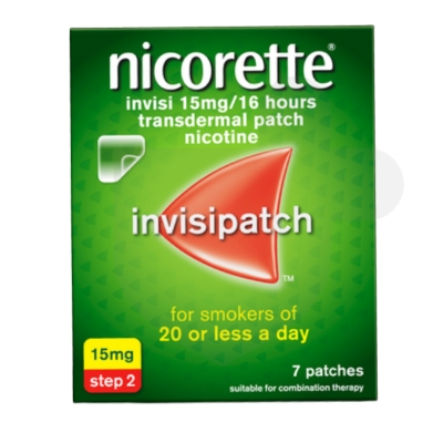 Nicorette invisi 15mg/16hours patches packaging which is available to order online from NowPatient with free next day delivery