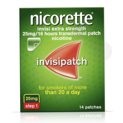 Nicorette invisi 25mg/16hours patches packaging which is available to order online from NowPatient with free next day delivery