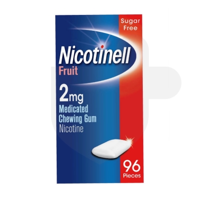 Nicotinell Fruit 2mg medicated chewing gum packaging which is available to order online from NowPatient with free next day delivery