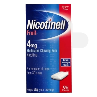 Nicotinell Fruit 4mg medicated chewing gum packaging which is available to order online from NowPatient with free next day delivery