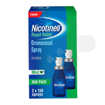 Nicotinell Rapid Relief 1mg/dose oromucosal spray packaging which is available to order online from NowPatient with free next day delivery