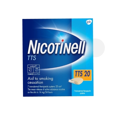 Nicotinell TTS 20 patches packaging which is available to order online from NowPatient with free next day delivery